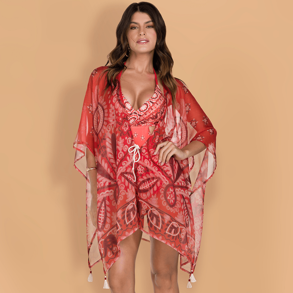 Kimono De Chelles: Estampa boho folk, tecido suave com textura, corda de amarração e tasséis.