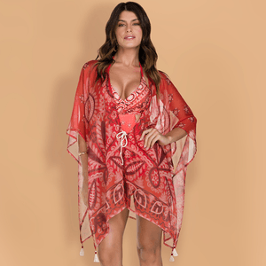 Kimono De Chelles: Estampa boho folk, tecido suave com textura, corda de amarração e tasséis.