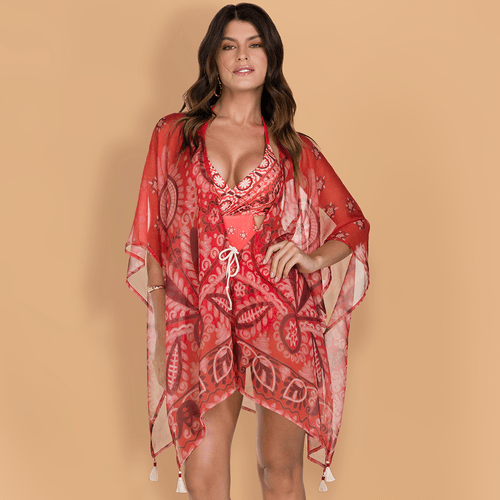 Kimono De Chelles: Estampa boho folk, tecido suave com textura, corda de amarração e tasséis.