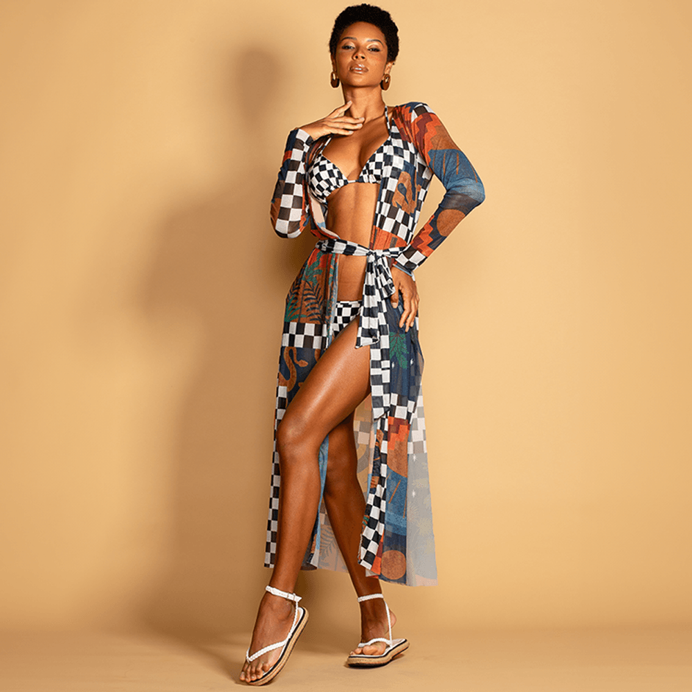 Kaftan Longo em Tule com Faixa Mediterrâneo. Leveza do tule, faixa estampada, sofisticação para brilhar sob o sol.