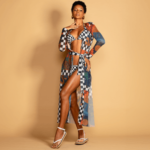 Kaftan Longo em Tule com Faixa Mediterrâneo. Leveza do tule, faixa estampada, sofisticação para brilhar sob o sol.
