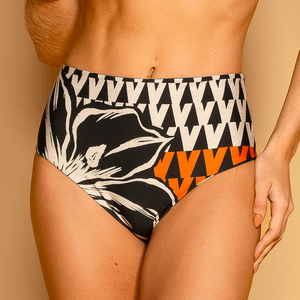 Calcinha hot pant com estampa geométrica e floral, cintura alta e design retrô. Conforto e estilo para qualquer ocasião.